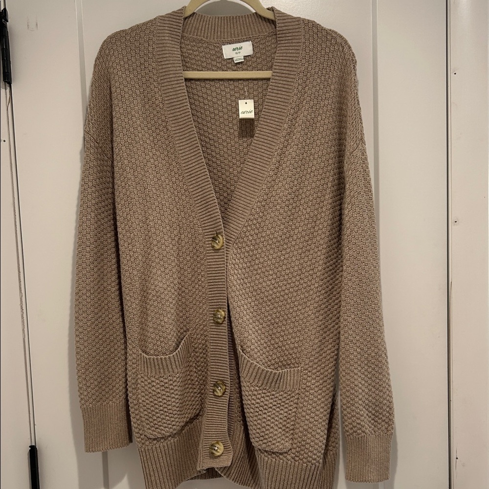 aerie Taupe Textured Button-Front Cardigan